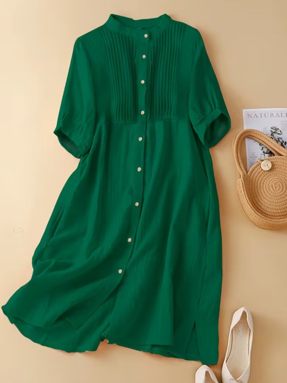 Green Pleated Shirt Dress
